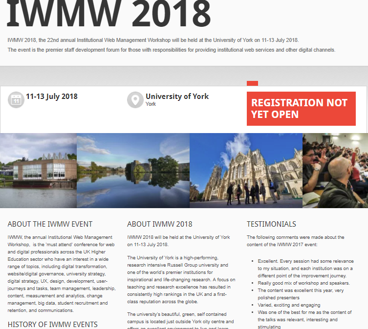 IWMW 2018 to be held at the University of York on 11-13 July 2018