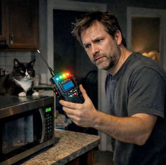 me with EMF meter measuring microwave radiation