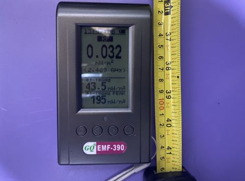 GQ EMF-390 RF screen showing broadband live reading three feet from WiFi router