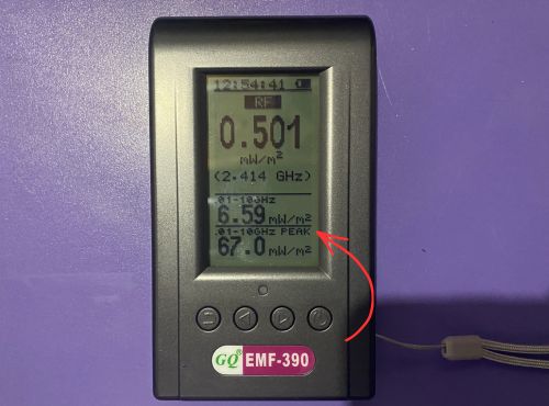 GQ EMF-390 RF screen showing peak reading of 67.0 mW/m² from WiFi router