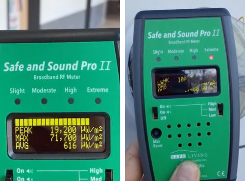 shows peak, max hold, and average readings simultaneously with color coded leds