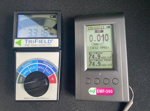 Trifield TF2 and GQ EMF-390 RF display screens side by side showing mW/m² readings