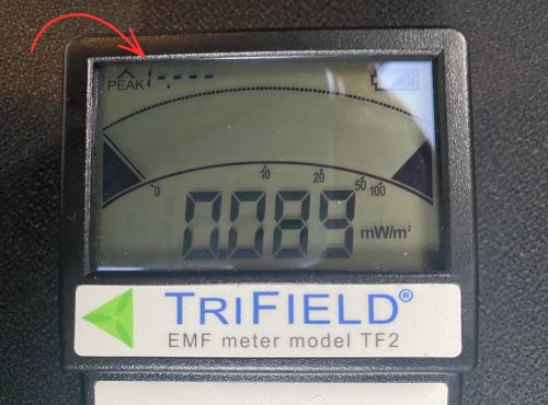 Trifield TF2 RF display showing peaked out reading above 19.999 mW/m² ceiling