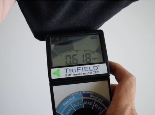 my Trifield TF2 EMF meter measuring my phone wrapped in HAVN Lambs boxers