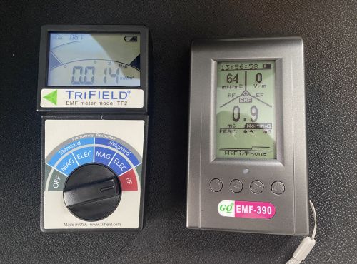 Trifield TF2 RF display showing peaked out reading above 19.999 mW/m² ceiling